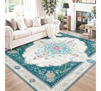 160 x 230 cm Area Rugs for Living Room, Machine Washable Vintage Mysterious Patterns Border Print Rug, Turquoise Cream Non-Slip Low Pile Rug, Carpet for Bedroom Dining Room Laundry Room Home Office