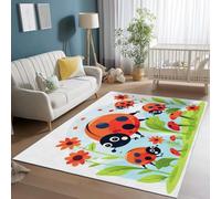 160 x 230 cm Soft Area Rug for Living Room - Cartoon Ladybug Plant Print Washable Non Slip Carpet, Light Color Low Pile Flannel Kids & Pet Friendly Rug for Bedroom Office Ding Room Decor