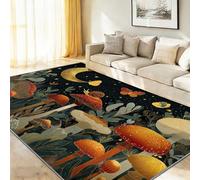 160 x 230 cm Washable Dark Blue Area Rug,Illustrations A Magical Forest Mushrooms And Stars Soft Low-Pile Living Room Rugs - Stain Non-Slip Carpet for Bedroom Dining Room Kids Children'S Room