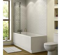 1600 x 700mm Straight Square Bathtub Shower Bath Bathroom Suite with Frameless Curved Clear Bath Screen Glass Panel Overbath Screen & Front Bath Panel