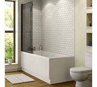 1600 x 700mm Straight Square Bathtub Shower Bath Bathroom Suite with Frameless Square Black Bath Screen Glass Panel Overbath Screen & Front Bath Panel