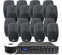 1600W LOUD Outdoor Bluetooth Sound System | 16x 140W Black Speaker | 8 Channel / Zone Matrix HiFi Mixer Amplifier Amp Kit | Weatherproof Garden Party Event Audio | Powerful Wireless Music | Echo Alexa