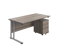 1600X800 Twin Rectangular Desk Grey Oak-Silver + Mobile 2 Drawer Ped