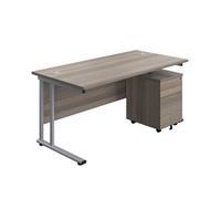 1600X800 Twin Rectangular Desk Grey Oak-Silver + Mobile 3 Drawer Ped