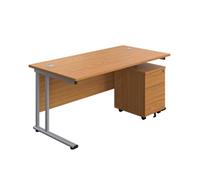 1600X800 Twin Rectangular Desk Nova Oak-Silver + Mobile 2 Drawer Ped