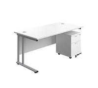 1600X800 Twin Rectangular Desk White-Silver + Mobile 2 Drawer Ped