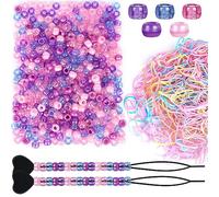 1602pcs Beads for Hair Braids Kit Including 600pcs 9x6mm Pony Beads, 1000pcs Elastic Rubber Bands, and 2pcs Quick Beaders for Kids Hair Braids(Purple)