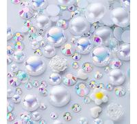 160g White Flat Back Pearls Rhinestones for Crafts Mixed Size 3mm-10mm AB Color Round Half Pearls Flatback Pearl Beads and Resin Rhinestones Set for Face Art