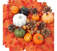 160pcs Artificial Pumpkins Decorations Set Autumn Decorations Set - Artificial Pumpkins, Pine Cones, Acorns & Maple Leaves Mix - Fall Thanksgiving & Halloween Decor for Centerpieces, Table Scatter