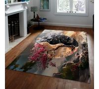 160x230cm Area Rug Yin Yang Landscape Red White Cherry Blossoms Rugs | Washable Non Slip Carpet Sunset Mountain River Oriental Low Pile Soft Indoor Rug for Living Room