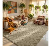 (160x230cm - Large Area Rug, Zig Zag Beige) High Low Pile Shaggy Geometric Rug - Modern Non Slip Area Rugs