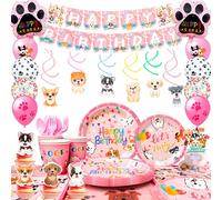 161pcs Puppy Birthday Party Decorations, 16 Guests Pink Dog Tableware Set, Pink Puppy Plates Cups Napkins Dog Birthday Banner Balloons Cupcake Toppers etc