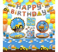 162 Pack Construction Birthday Party Supplies - Dump Truck Decorations, Plates, Tablecloth, Cups, Napkins, Foil Balloons - Serves 20