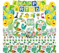 162 Pack Dinosaur Birthday Party Supplies Set Dinosaur Themed Tableware Set Dino Happy Birthday Banners Dinosaur Plates Dinosaur Tablecloths Dino Cups Napkins Dino T-Rex Party Decoration Set Serves 20