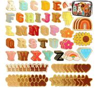 162 PCS Self-Adhesive Chenille Letter Patches, Letter Patches with Gold Trim, A-Z Letter Patches, Stars, Hearts, Rainbows, Flower Embroidered Stick On Patch for DIY Clothing, Hats, Backpacks, Jeans