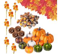 162 Piece Plastic Pumpkins Autumn Set, Artificial Pumpkins Decorations with Maple Leaves Acorns Pine Cones Pumpkin Red Berries for Autumn Thanksgiving Halloween Decoration Indoor Outdoor (Red)