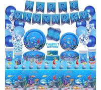 163 Pack Under the Sea Party Supplies Ocean Sea Party Tableware Set Plates Cups Napkins Tablecloth Banner Balloons Cake Toppers for Underwater World Birthday Ocean Animal Decorations Serves 20