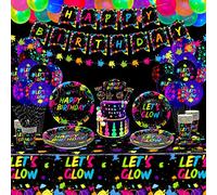 165 Pieces Glow Neon Party Supplies - Neon Balloon, Glow in the Dark Birthday Banner, Garlands, Cake Topper, Tablecloth, Plates, Napkins and Cup for Blacklight Party Decorations, Serves 20 Guest