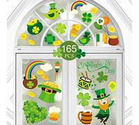 165PCS St. Patrick's Day Stickers, Kalolary Irish Party Shamrock Window Stickers Clings Decorations Static Window Sticker Decals w/Shamrock Green Hat Shoes Gold Coins (8 Sheet)