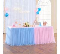 167in Blue Pink Tulle Table Skirts for Rectangle Tables 6/8ft, 2-Layer Gold Grim Ruffle Gender Reveal Tulle Tutu Cloth Table Skirt 14ft for Birthday Party Baby Shower Cake Dessert(No Table Cover)