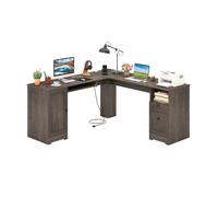 168 CM L-shaped Office Desk With Power Outlets 2 Drawers Keyboard Tray