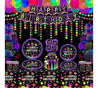168 Pack Glow Neon Party Supplies - Glow in The Dark Decorations, BlackLight Banners, Fluorescent Balloons, Graffiti Tablecloth, Garland, Napkins - Serves 20