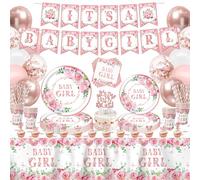 168 PCS Baby Shower Decorations Girl Gender Reveal Party Supplies Babygirl Tableware Set - Plate, Napkins, Baby Shower Banner, Balloons Rose Gold Floral Girl Baby Shower Party Supplies Serves 20