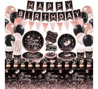 169 PCS Black and Rose Gold Party Decoration Rose Gold & Black Birthday Party Supplies Dinnerware Set-Plates, Banners, Balloons, Tablecloth Serves 20