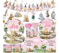 169 Pcs Winnie First Birthday Decorations for Girl Serves 25 Guests, 1st Birthday Decorations Girl Include Banner, Plates, Napkin, Cup, Forks, Straw and Tablecloth, 1st Party Decorations