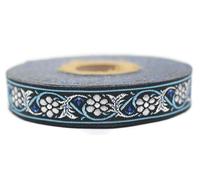 16904 V2 10 m 16 mm Metallic Blue and Silver Woven Jacquard Ribbon with Bavarian Flower Pattern Rolls Tape Embroidered Fabric Craft Clothing Haberdashery Leisure Creative Decoration Sewing