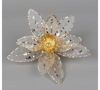 SHATCHI 16cm Deluxe Christmas Glitter Poinsettia White Gold Net Artificial Flower with Metal Clip Christmas Tree Decorations Wedding New Year Ornaments