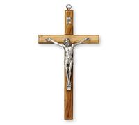 16cm High Olive Wood Wall Hanging Crucifix Cross with Silver Metal Corpus 10654
