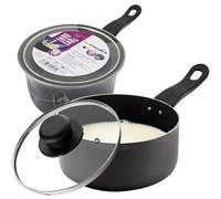 16cm Milk Pan + Glass Lid - Sauce Pot Tea Handle Kitchen Non Stick Cookware | Easy to Clean | Stay Cool Wooden Handle | Boil Eggs, Warming Milk