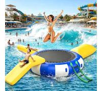 ,16ft,Waterproof PVC Inflatable Water Trampoline - Sturdy Jump Pad with Slides & Access Ladder - Tear-Proof Floating Playset for Beach, Lake & Tropical Sea Vacations