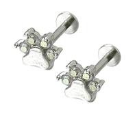16G Cute Paw Print Labret Cartilage Studs Earrings for Women Men Unisex Stainless Steel AB Crystal Small Cat Dog Kitten Animal Pet Tragus Monroe Helix Barbell Studs Lip Nose Ring Halloween Jewelry 6mm