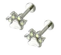 16G Cute Paw Print Labret Cartilage Studs Earrings for Women Unisex Stainless Steel AB Crystal Small Cat Dog Kitten Animal Pet Tragus Monroe Helix Barbell Studs Lip Nose Ring Halloween Jewelry 10mm