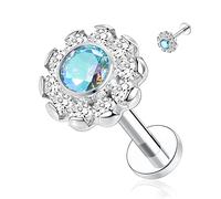 16G G23 Titanium Flatback Earrings Labret Studs Internally Threaded Lip Studs Tragus Piercing 8mm Monroe Medusa Helix Piercing Silver Lobe Cartilage Conch Earrings Flower Shape with a Blue CZ