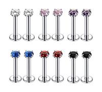 16G Labret Lip Rings, 3mm 4mm CZ Forward Helix Earring, Stainless Steel Cartilage Tragus Earrings Studs, Monroe Piercing Jewelry for Women Men (B:12pcs,Mix Colors CZ)