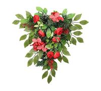 16in Decorative Hanging Teardrop Wreath, Red Silk Rose Hydrangea Swag with Eucalyptus Leaves and Pine Needle, Hanging Spring Summer Front Door Swag for Wall Window Decor