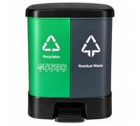 16L Recycling Pedal Bin, Double Compartment Kitchen Rubbish Waste Dustbin, Dual Colour Plastic Bin for Food & General Waste - Green & Grey