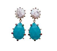 16mm Cultured White Coin Pearl 20x30mm Blue Pave Teardrop Dangle Earrings