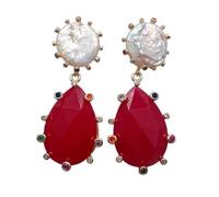 16mm Cultured White Coin Pearl 20x30mm Red Jade Pave Teardrop Dangle Earrings Jewelry Gift