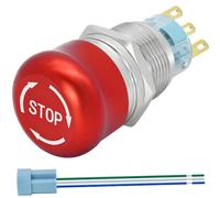 16mm Metal Latching Emergency Stop Push Button Switch Mushroom Stianless Steel 3V-220V SPDT 1NO 1NC 3 Pins with Connection Plug