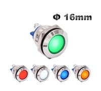 16mm Waterproof Chrome Metal Indicator Light, 12V 24V 220V Red Green Blue White Amber Pilot Lamp Signal Light Screw Terminal IDGTTLDF(12-24V Green)
