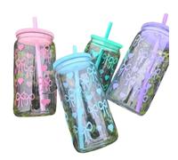 16oz Aesthetic Bow Glass Cup with Lids and Straws, Aesthetic Bows Cherry Glass Cups, Reusable Trendy Coffee Smoothie Tumbler Decor Gifts for Mother Women Friends Coworkers