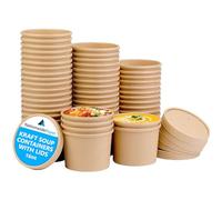 16oz Brown Kraft Disposable Soup Containers with Lids 50 Pcs of Paper Soup Bowls Takeaway Tubs Perfect for Ice Cream and Deli Containers (475ml)