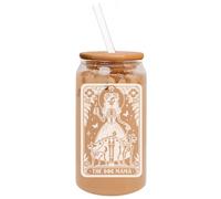 16oz Can Shaped Glass Iced Coffee Cup with Bamboo Lid and Straw Gift The Dog Mama Tarot Card Mom