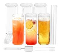16oz Highball Glasses Set of 6 with Lids, Thick Lab-Grade Borosilicate Glass, Dishwasher Microwave Freezer Safe, Includes Glass Cleaning Brush, Lead-Free for Iced Coffee, Juice (6 PCS with lids)