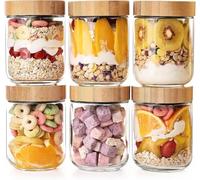16oz Overnight Oats Containers with Bamboo Lids, 6 Pack Glass Jars with Airtight Lids, Wide Mouth Mason Jars, Glass Oatmeal Container Containers for Sugar, Salad, Yogurt, Chia Pudding, Breakfast