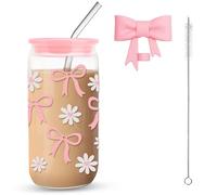 16oz Pink Bow Glass Cup with Lid and Straw, Aesthetic Mason Jar Tumbler for Iced Coffee, Matcha, Juice, Smoothie, Cute Coquette Glass Mug for Girls, Women, Friends, Daily & Party Use (Bow Bloom Cup)